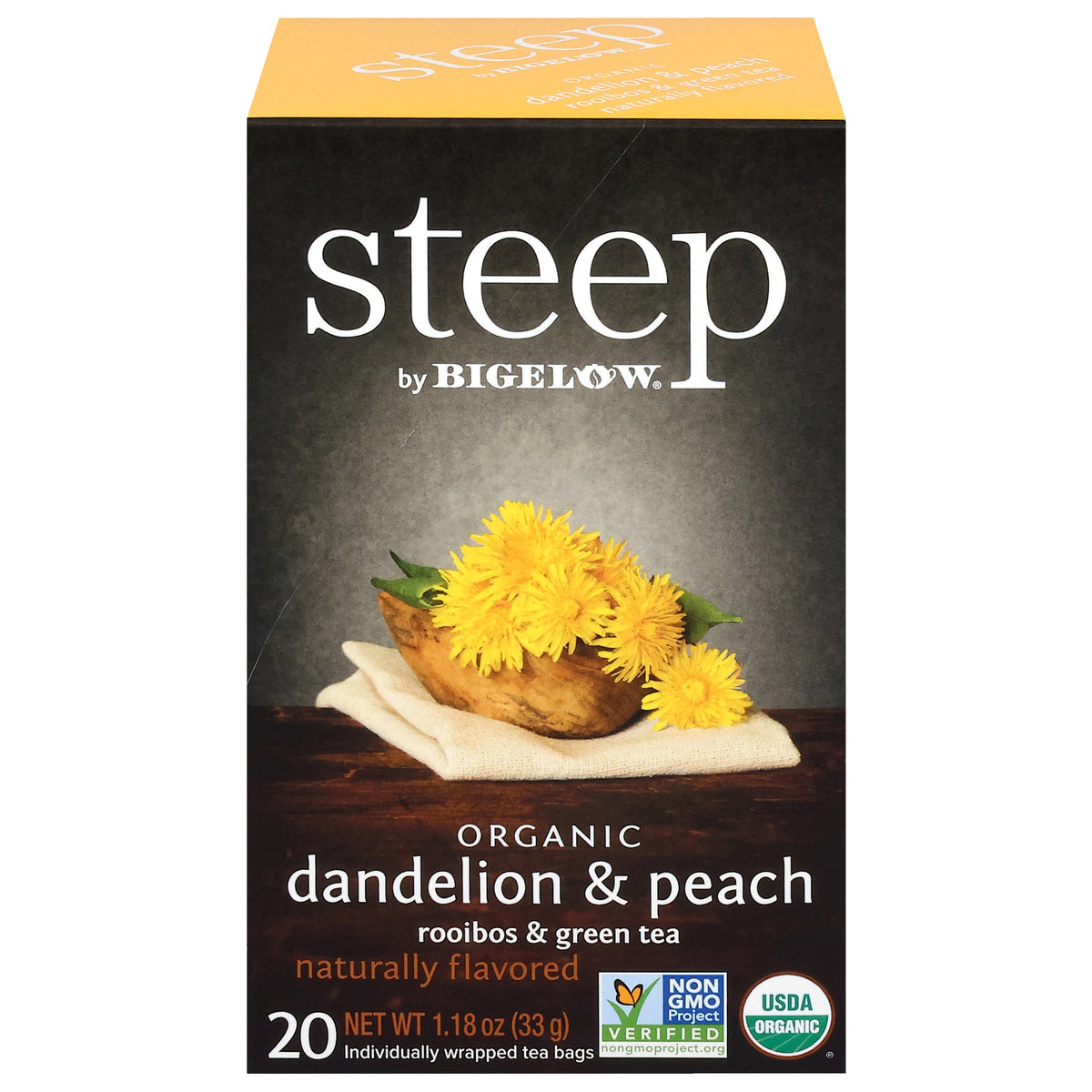 steep by Bigelow Organic Dandelion and Peach Rooibos and Green Tea box