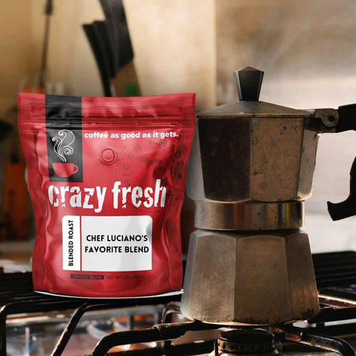 Crazy Fresh Chef Luciano's Favorite Blend with a moka pot on the stove