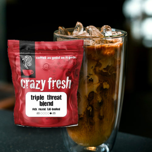 Crazy Fresh Cold Brew Triple Threat with a tall glass of iced cold brew