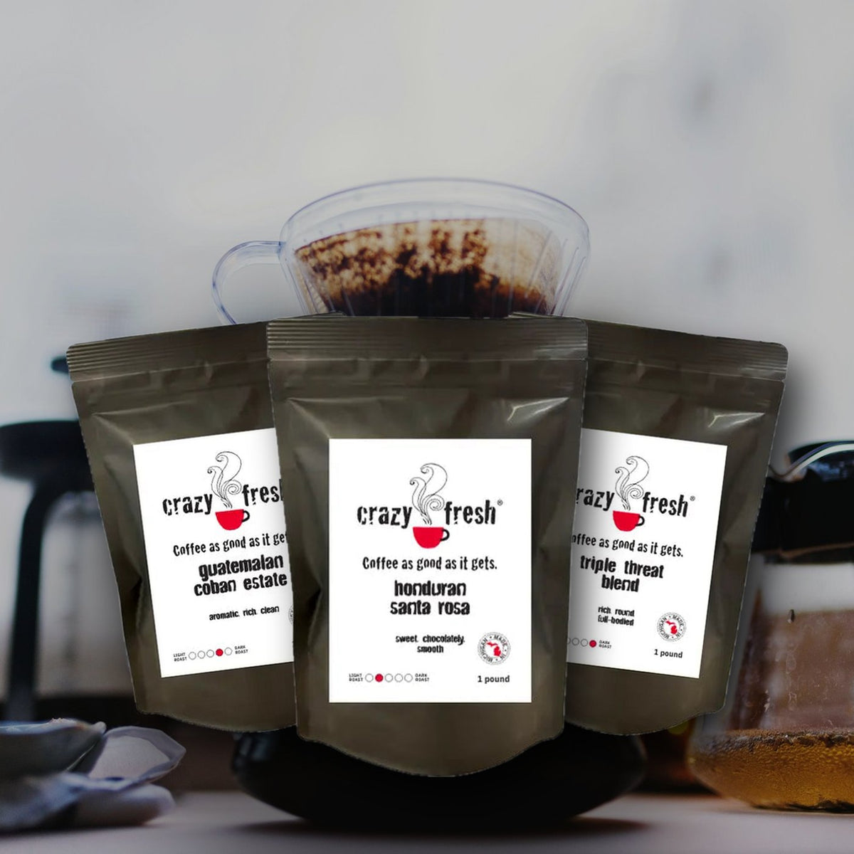 Crazy Fresh Sampler: Guatemalan Coban Estate, Honduran Santa Rosa and Triple Threat 1 lb bags with coffee brewers