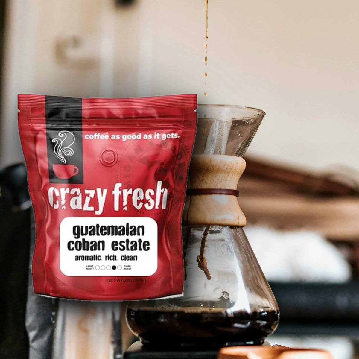 Crazy Fresh Guatemalan Coban Estate with a pour-over dripping into a Chemex