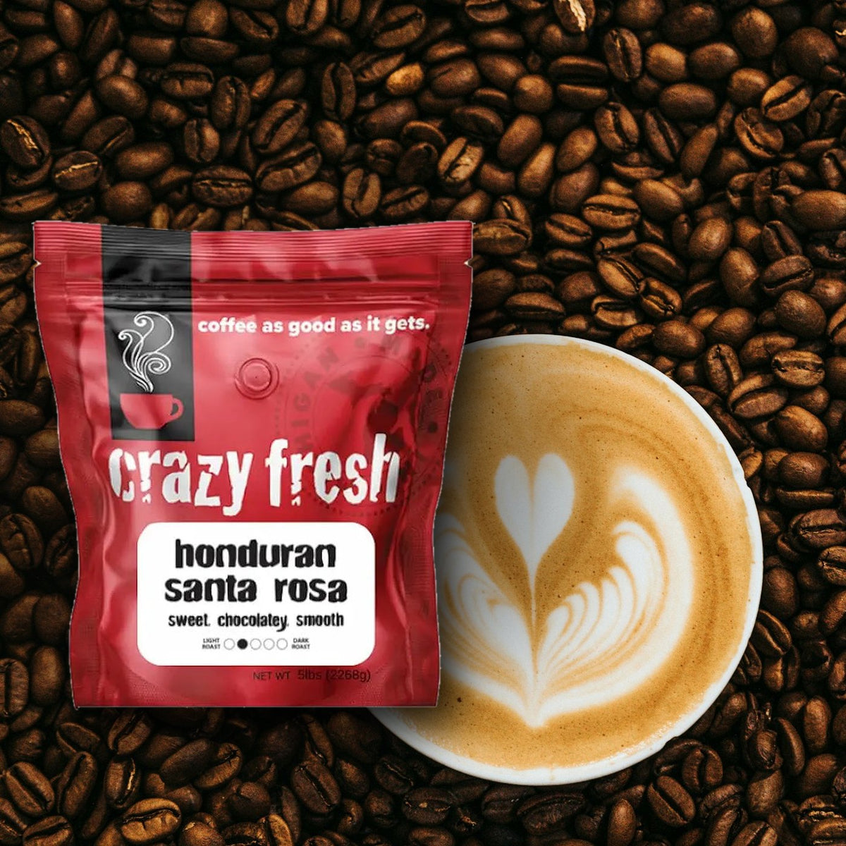 Crazy Fresh Honduran Santa Rosa with a latte on coffee beans