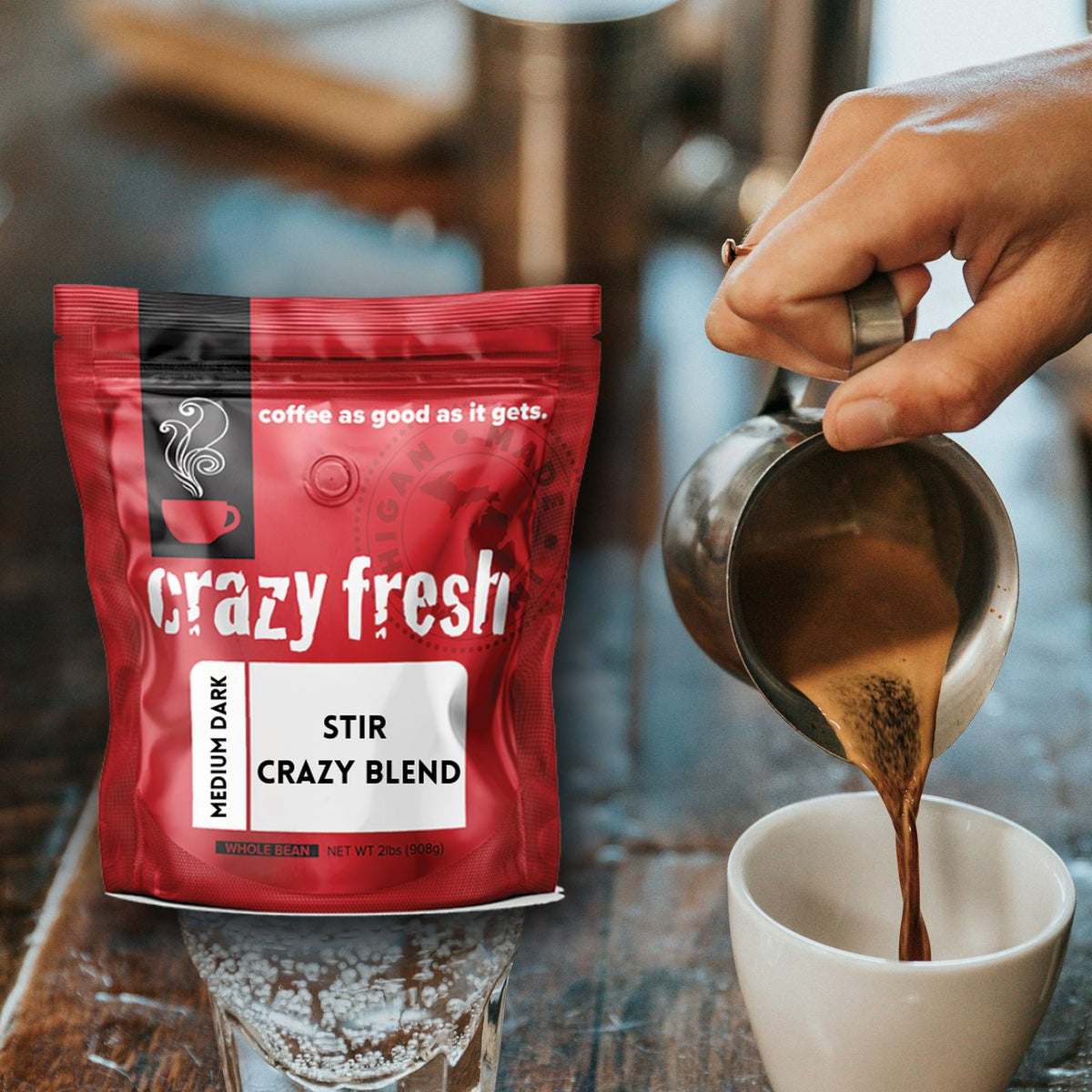 Crazy Fresh Stir Crazy Blend with milk pouring into coffee