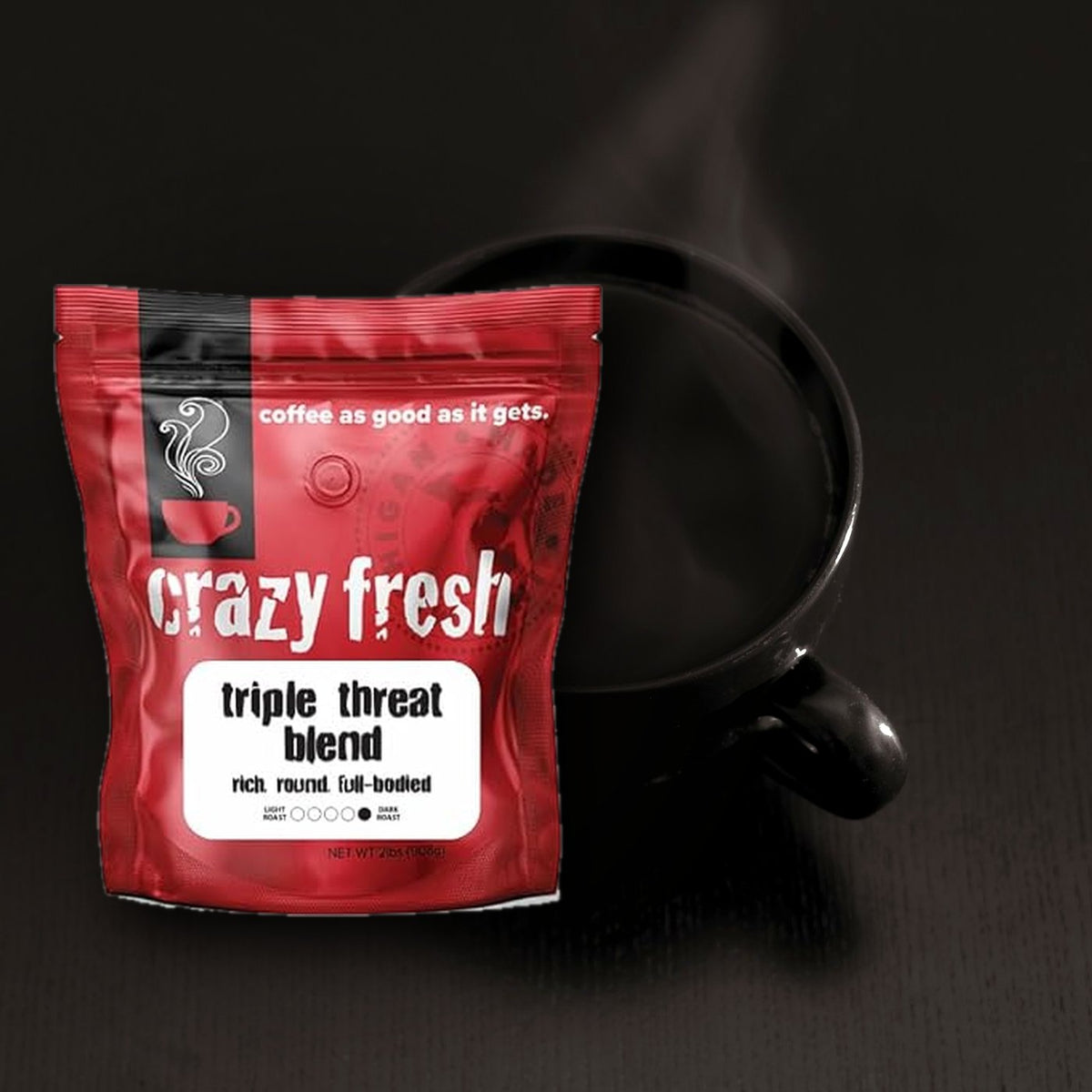 Crazy Fresh Triple Threat with a steaming cup of black coffee