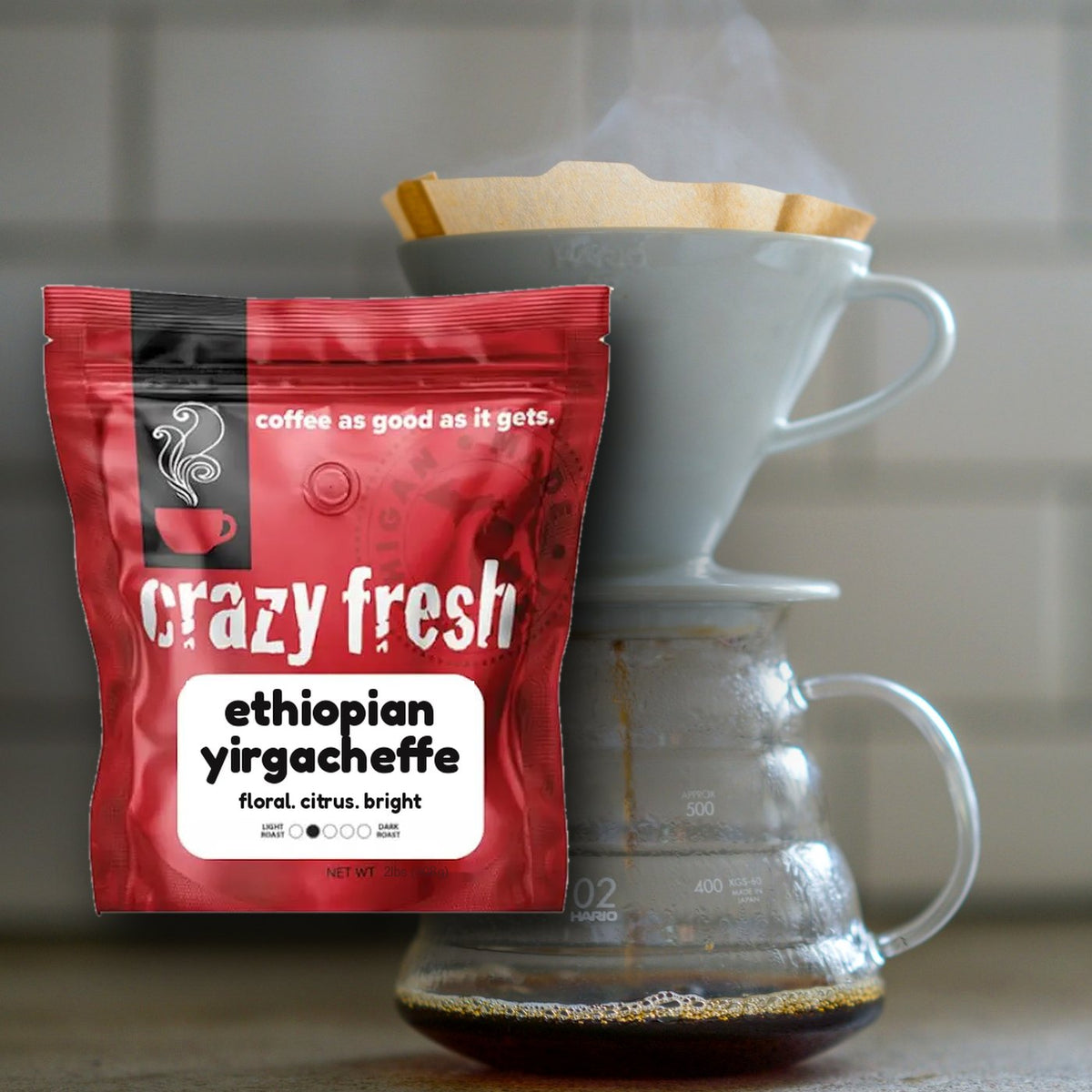 Crazy Fresh Ethiopian Yirgacheffe with a pour-over cone and glass server