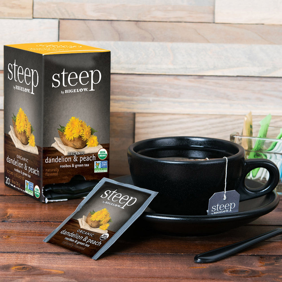 steep by Bigelow Organic Dandelion and Peach Rooibos and Green Tea box